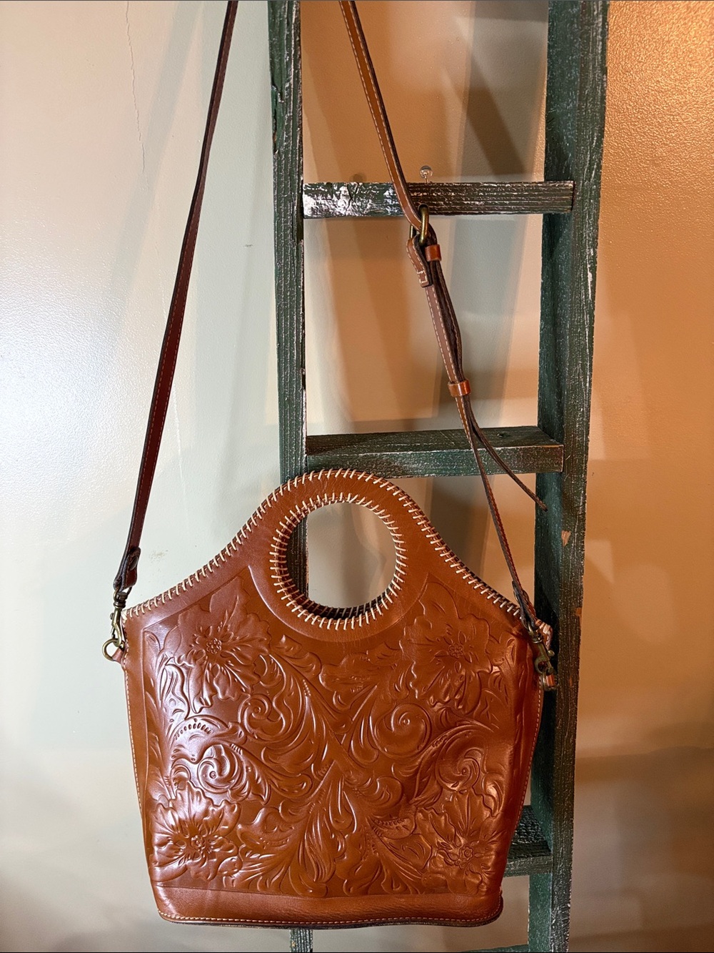 Patricia Nash Tooled Leather Circular-Handle Shoulder Bag in Cognac Brown